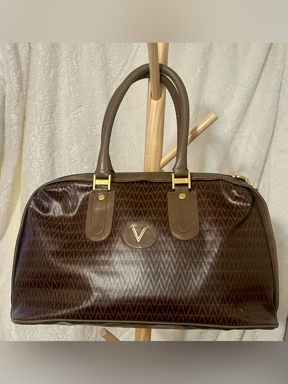 Valentino Brown Patterned Dome Satchel with Gold Hardware